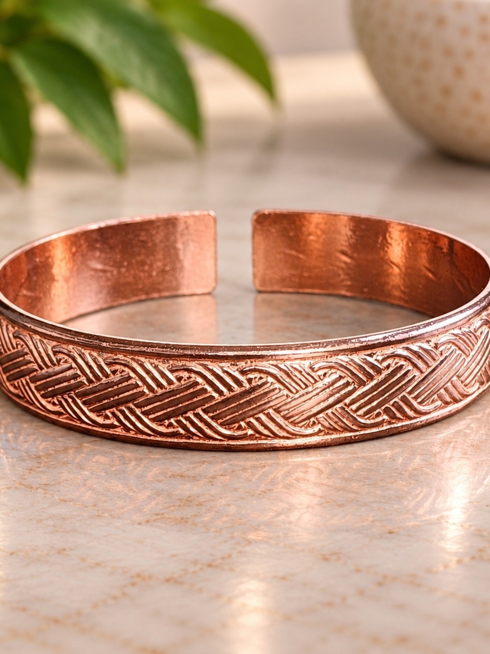 Pure Copper Woven Cuff Bracelet – Adjustable 12mm – 7.7" – 33g Unisex